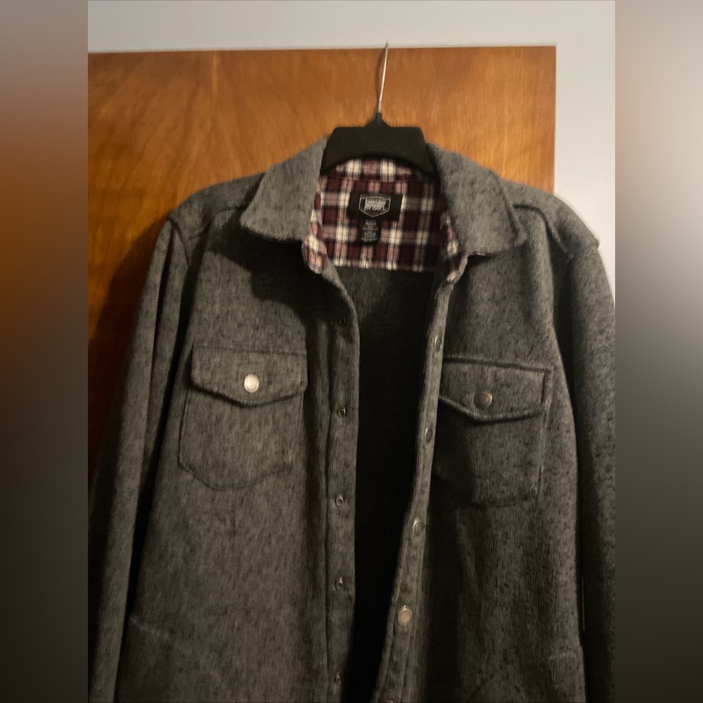 Men's Gray Wool-Blend Button Front Jacket with Plaid Lining